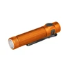 Orange Baton 4 Pro flashlight, textured grip, side switch, and pocket clip, white background.