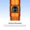 Orange flashlight with micro-perforated brightness, battery indicators, and a lockout icon for instant information.
