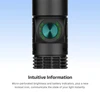 Black flashlight with green indicators for brightness, battery, and lockout function.