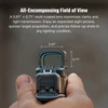 Hand holding pistol with 0.91"x0.71" multi-coated lens sight for expanded view and quick target acquisition in all lighting conditions.