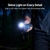 Person holding blue Topdon device with bright LED light in dark forest for safe exploration