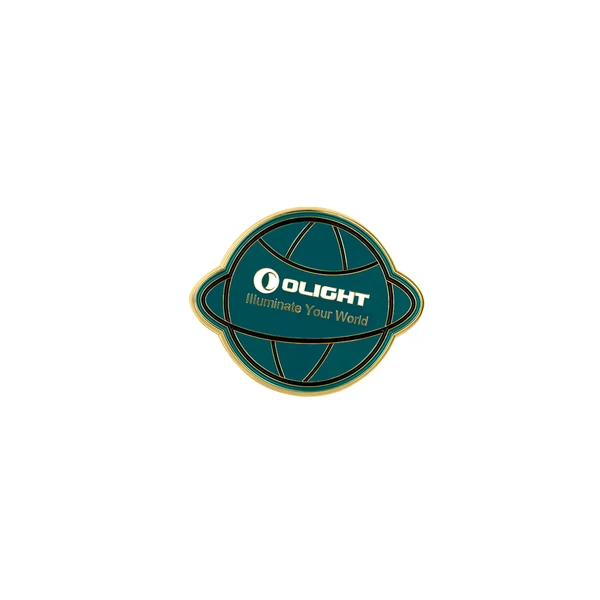 Olight teal and gold planet-themed collectible pin with "Illuminate Your World" slogan.