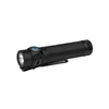 Black Olight Warrior Mini 2 tactical EDC flashlight with turquoise button, clip