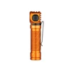 Olight orange right-angle LED flashlight with textured body and pocket clip.