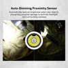 Flashlight with auto-dimming proximity sensor, reducing brightness near objects to prevent damage.