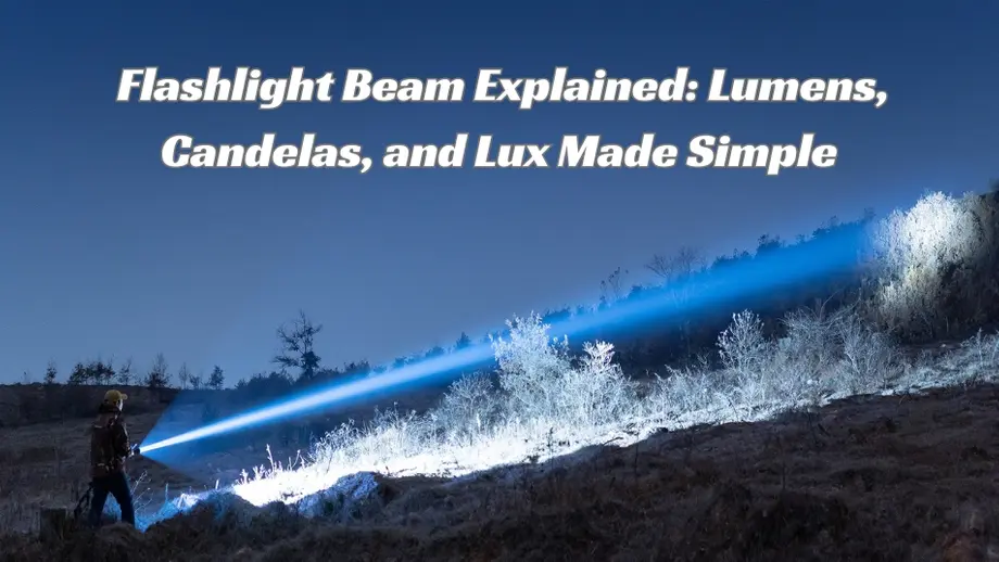 Powerful flashlight beam illuminating a dark night landscape, demonstrating lumens, candelas, and lux.