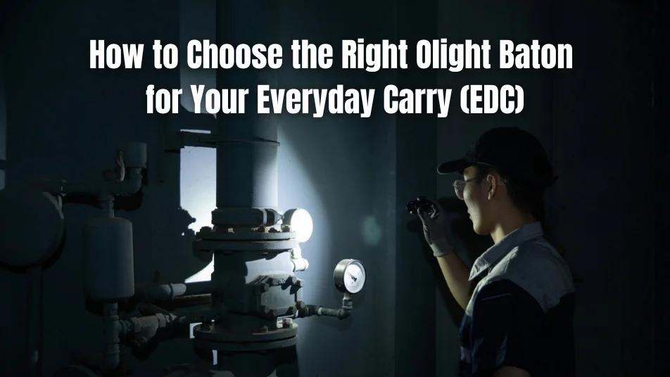 Worker shines Olight Baton flashlight on industrial pipes, demonstrating its everyday carry (EDC) use in low light.