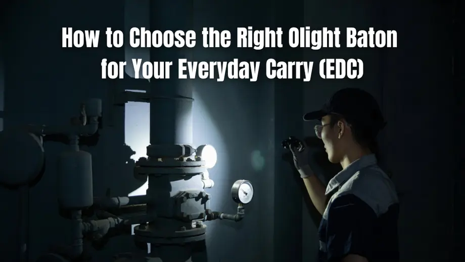 Worker shines Olight Baton flashlight on industrial pipes, demonstrating its everyday carry (EDC) use in low light.