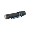 Olight Black Warrior Mini 2 Flashlight Side View with Blue Accents and Pocket Clip for Everyday Carry
