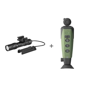 Olight weapon light with remote switch paired with green digital night vision monocular on white background