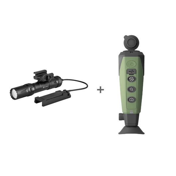 Olight weapon light with remote switch paired with green digital night vision monocular on white background