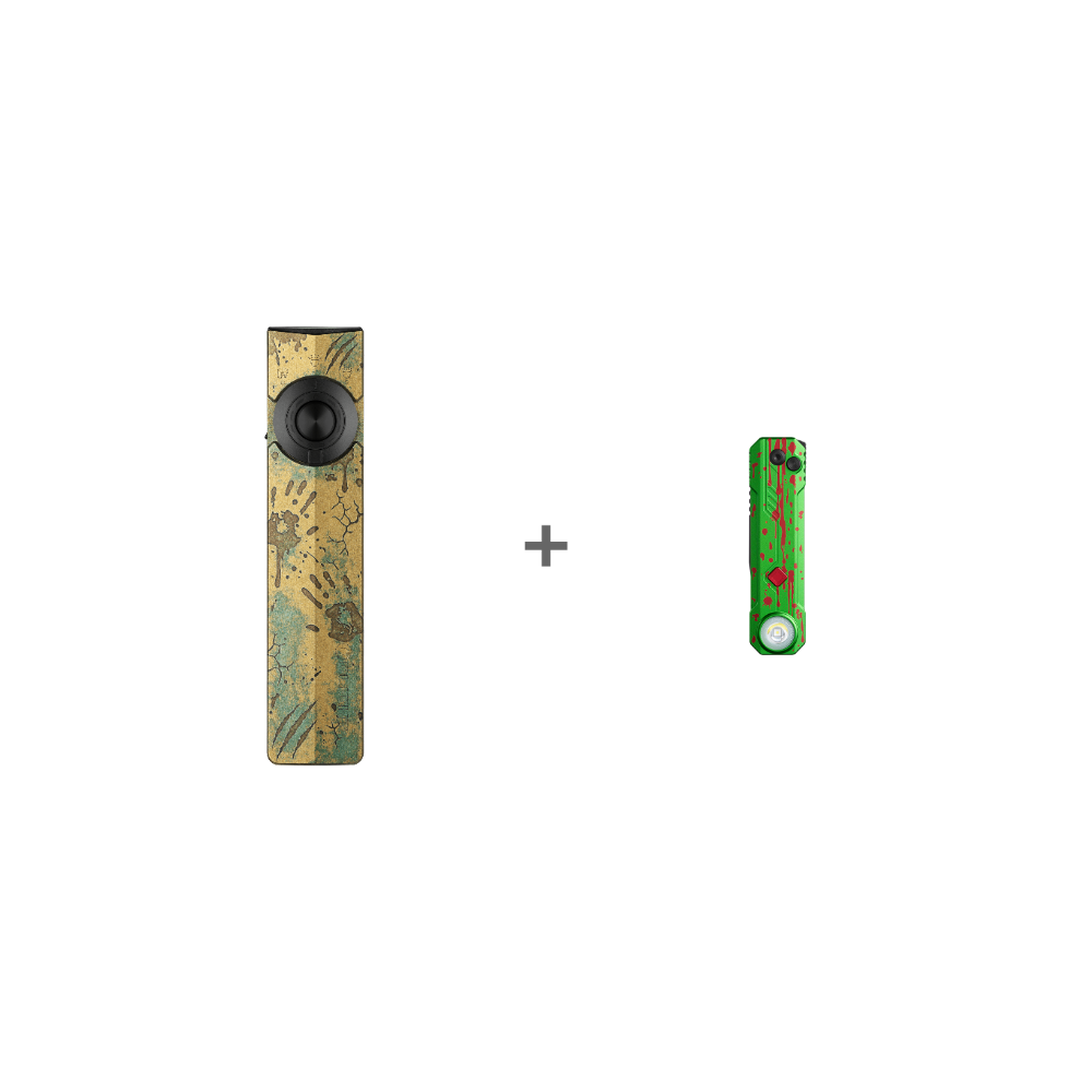 Olight Arkfeld Pro zombie green EDC flashlight bundled with a custom textured Arkfeld flat flashlight on a white background