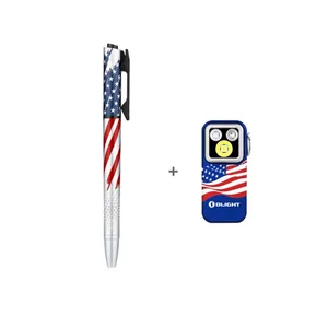 Olight tactical pen and mini flashlight bundle featuring patriotic US flag designs on a plain white background