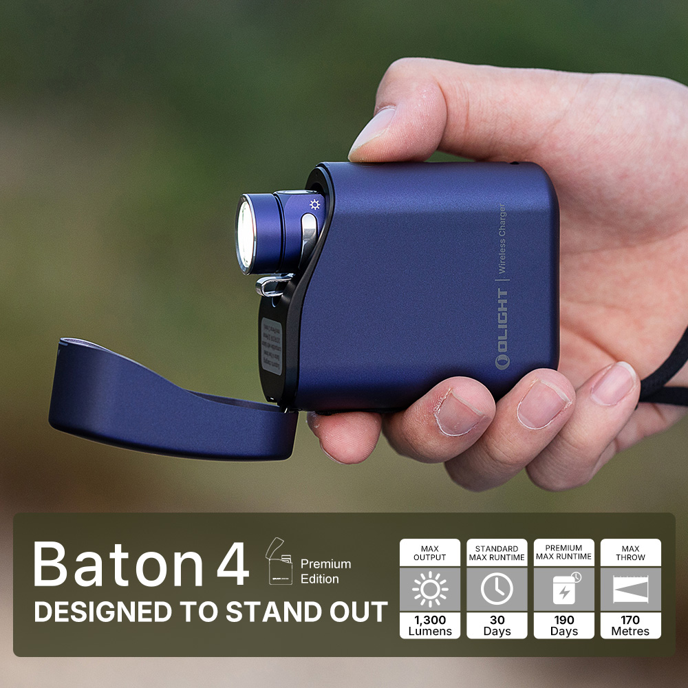 Olight Blue Baton 4 Premium Edition flashlight extended from its wireless charger case, illuminated for outdoor use.