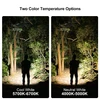 Olight Arkfeld flashlight beam in Cool White and Neutral White, illuminating a person in a forest at night.