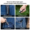 Olight Arkfeld Pro flashlight clips to backpack strap, handheld, or in pocket for portable lighting.