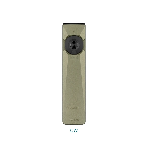 Olight Olive Green Arkfeld Ultra Flat Flashlight Front View with Selector Dial for EDC and Outdoor Use