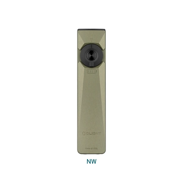 Olight Olive Green Arkfeld Ultra Flat Flashlight Front View with Neutral White LED and Laser for EDC Daily Carry