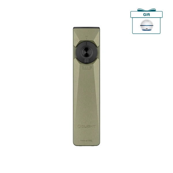 Olight Olive Drab Green Sphere C Flat Flashlight Front View with Control Dial and Free Orb Light Gift for EDC Use