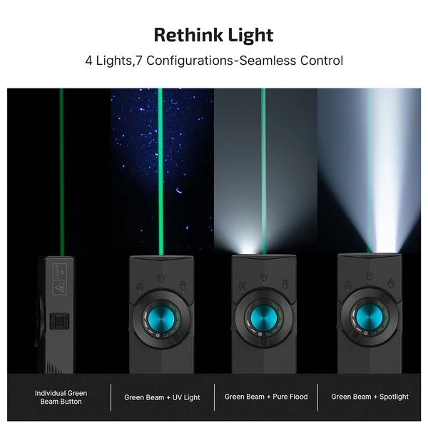 Olight Black ArkPro Lite displaying green laser, UV, pure flood, and spotlight modes for versatile illumination.