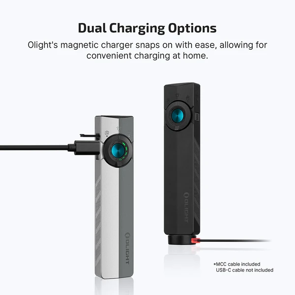 Olight Silver and Black ArkPro Lite side view, showcasing dual magnetic and USB-C charging for convenient home use.