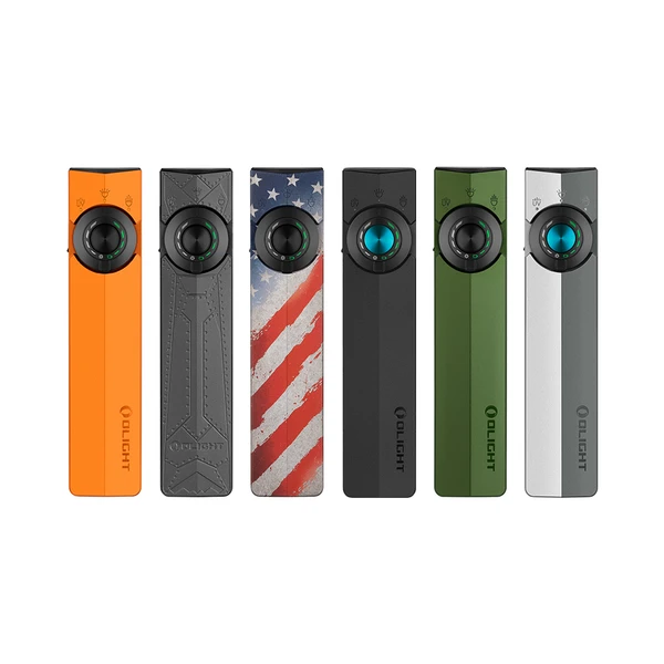 Olight ArkPro USA Flag Flashlight Front View with Flat Body and Multi Light Selector for Everyday Carry