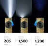 Three-in-one EDC flashlight demonstrating spotlight, floodlight, and UV light modes with rotary dial controls