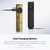 Olight Arkfeld Pro showing dual charging options with USB-C cable and magnetic charging base.