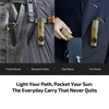 Everyday carry EDC flashlight shown clipped to a jeans pocket, backpack strap, purse, and suit jacket pocket.