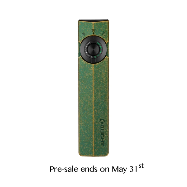 Olight Arkfeld UV green portable pocket flashlight for everyday carry, with pre-sale details.