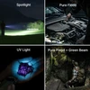 Olight ArkPro Ultra flashlight modes: Spotlight for long-range, Pure Flood for engine, UV for materials, and Pure Flood + Green Beam for hiking.