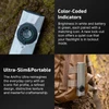 ArkPro Ultra slim flashlight featuring color-coded battery indicators and a flat portable design clipped to a backpack