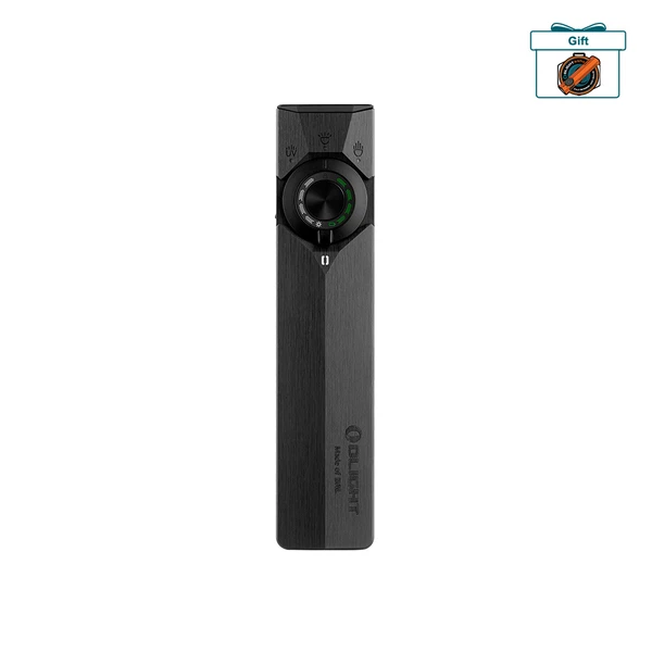 Olight Black Arkfeld Pro EDC Flashlight Front View with Rotary Dial and Indicator Lights for Everyday Carry