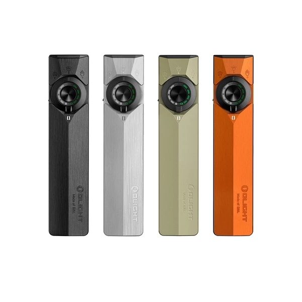 Olight ArkPro EDC Flashlight in Black Silver Green and Orange showing Front View and Selector Dial for Daily Carry