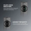 Olight Gray ArkPro Flashlight close up showing color-coded indicators and lockout safety features on textured body