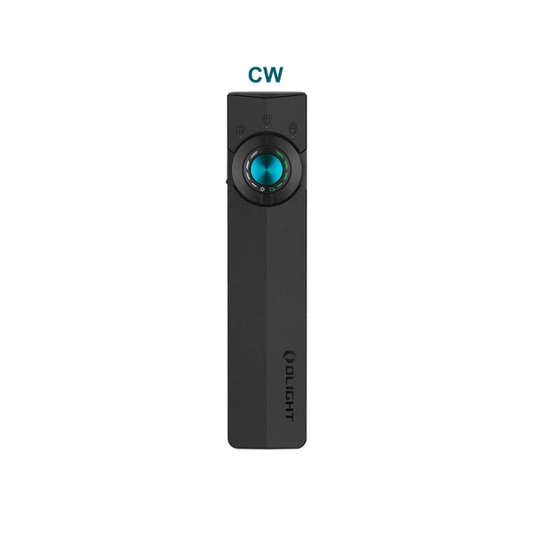 Olight Black ArkPro Top View with a Blue Control Dial and Functional Icons for Illumination and UV Light