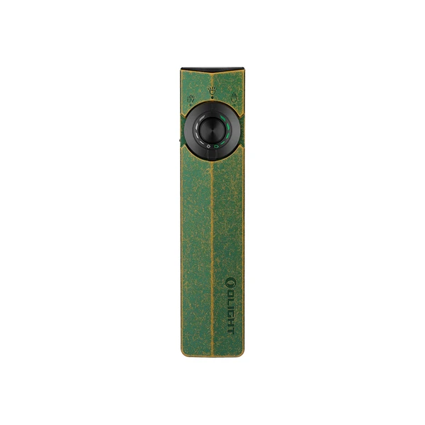 Olight Arkfeld UV limited edition EDC flashlight with textured green body, black center button, and UV indicator