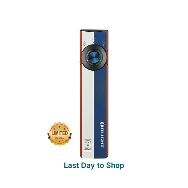 Olight limited edition EDC flashlight with red white and blue patriotic design and rotary switch on white background