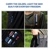 Olight patriotic EDC flashlights clipped to a jacket, backpack strap, gear pouch, and belt holster for everyday carry.
