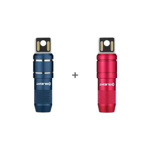 Blue and red Olight keychain flashlight with USB charging.