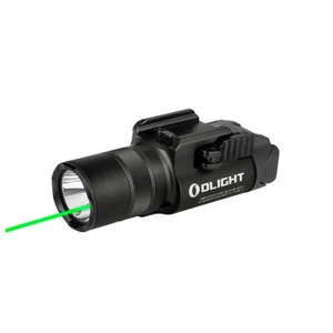 Olight tactical weapon light with green laser, black finish, and integrated mounting system for pistols