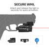 Olight Baldr RL Mini weapon light with red laser on a gun, quick attach/release mechanism.