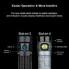 Olight Grey Baton 4 Flashlight side view showing metal switch, battery, and brightness indicators for intuitive operation.