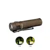 Olight brown tactical flashlight with pocket clip showing cool white CW and neutral white NW beam options in outdoor night use.