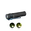 Olight black tactical flashlight with blue pocket clip and comparison of cool white versus neutral white beams