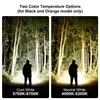 Man in woods with two flashlight color temperatures: cool white 5700K-6700K, and neutral white 4000K-5200K.