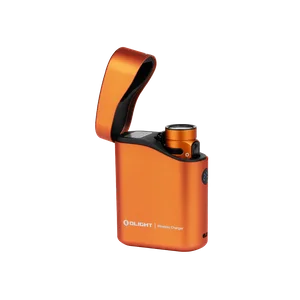 Olight Orange Baton 4 Premium flashlight in open wireless charging case for portable light and power