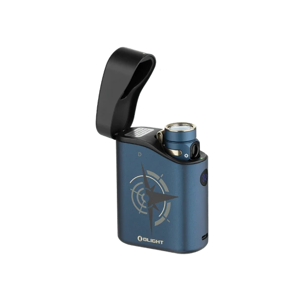 Olight Dark Blue Baton 4 Premium flashlight in open charging case with compass design for portable lighting and everyday carry