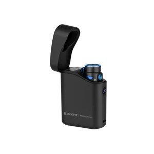Olight Black Baton 4 Premium flashlight in open wireless charging case with digital display for portable EDC.
