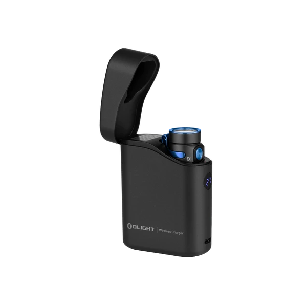 Olight Black Baton 4 Premium flashlight in open wireless charging case with digital display for portable EDC.